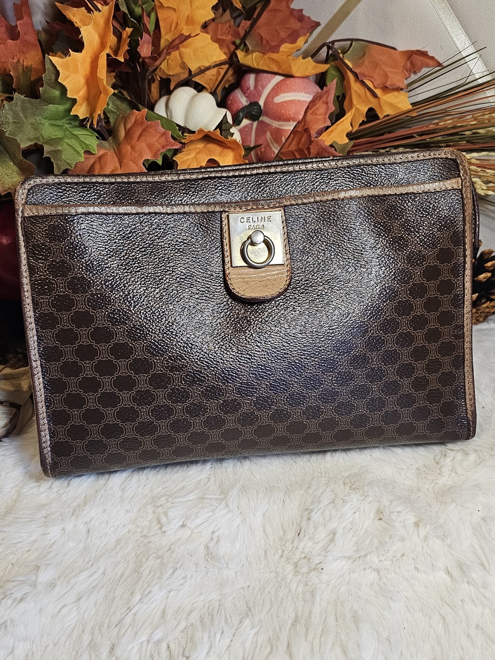 Celine Brown Monogram Canvas Clutch with Gold Hardware